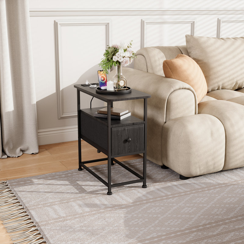 Modern Side Table With Drawer, Open Shelf, USB & Type-C Charging Ports, EU Socket, 30 × 60 × 62 cm, Black