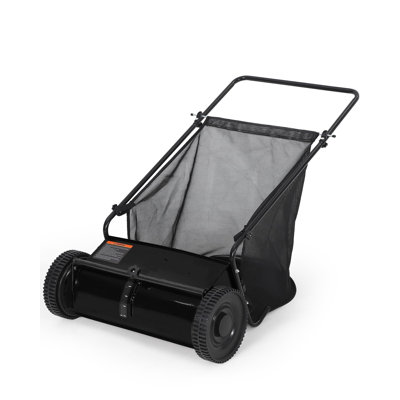 Balayeuse à gazon manuelle de 66 cm avec sac de transport de 198 litres – Ramasse-feuilles et herbes pour le nettoyage du jardin – Roues en plastique, engrenage en métal, râteau – Entièrement noire