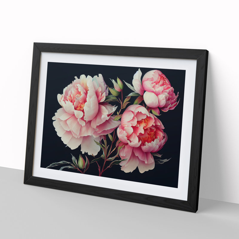 Watercolour Peony Flowers Vol.2 - Single Picture Frame Painting, Black, 46cm H x 64cm W x 2cm D
