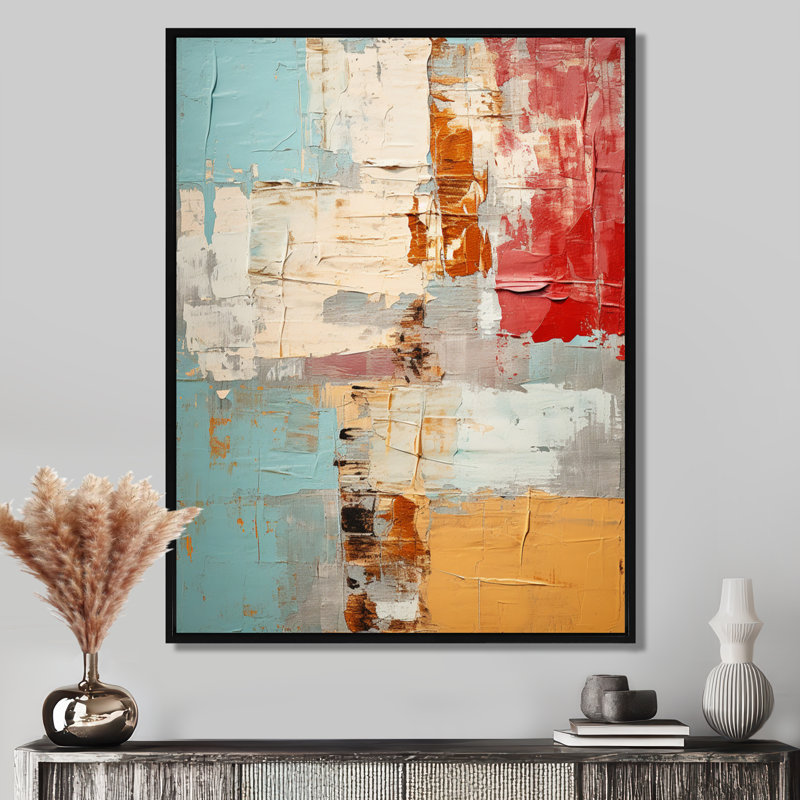 «Nostalgia In Blue Red Orange - Abstract Collages», art mural, Toile avec cadre flottant noir, H 40 po x l 30 po x P 1,5 po