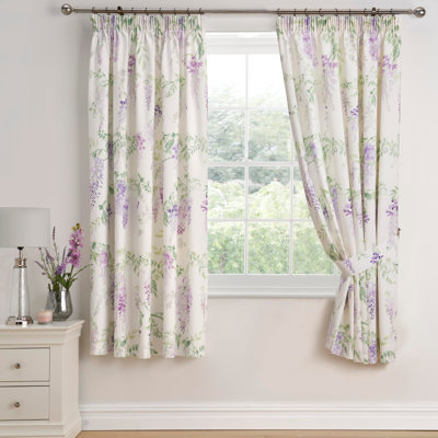 Wisteria Cotton Rich Polycotton Pair Of Pencil Pleat Curtains With Tie-Backs