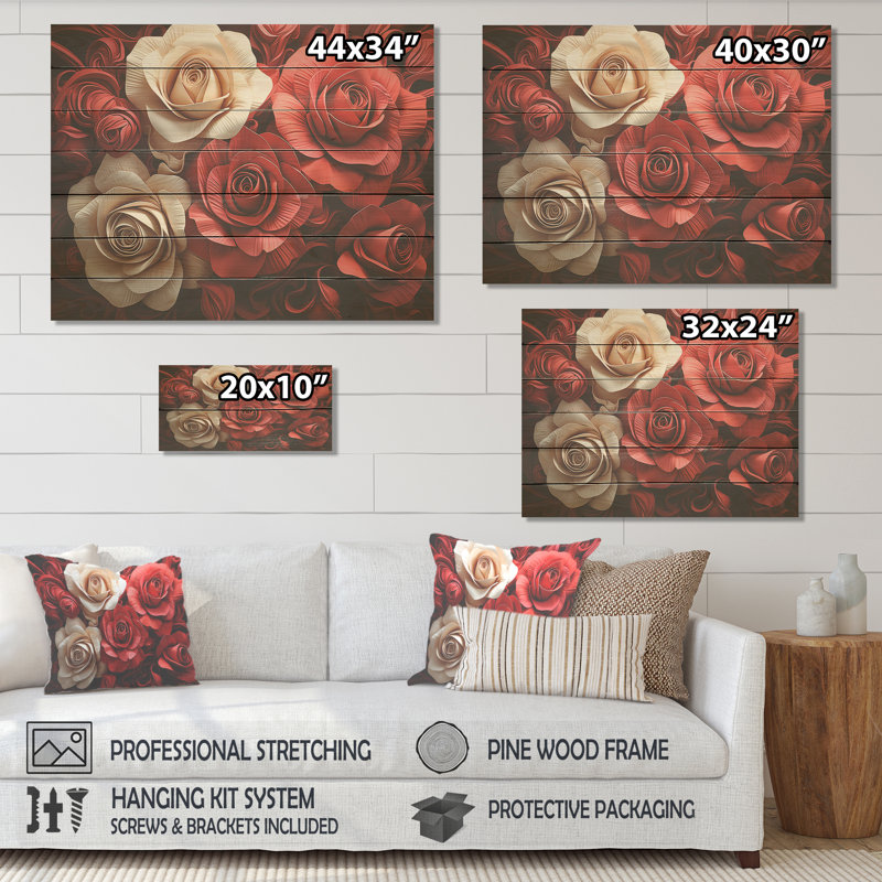 Rouge et blanc classique rose résonnant - roses sur bois, H 24 po x l 32 po x P 0,78 po