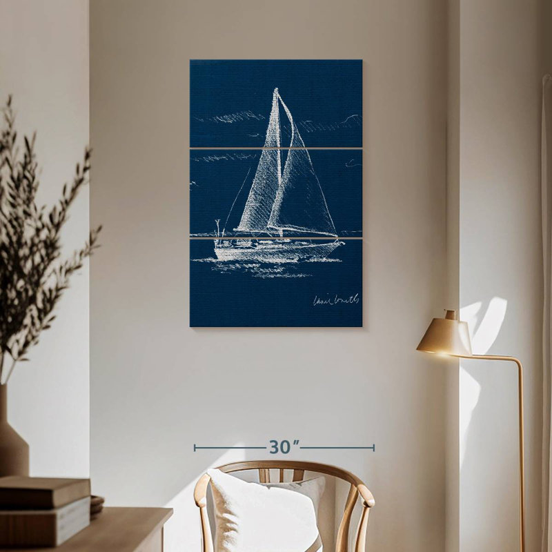 Voilier Mehar sur toile de jute bleue I, H 57 po x l 36 po