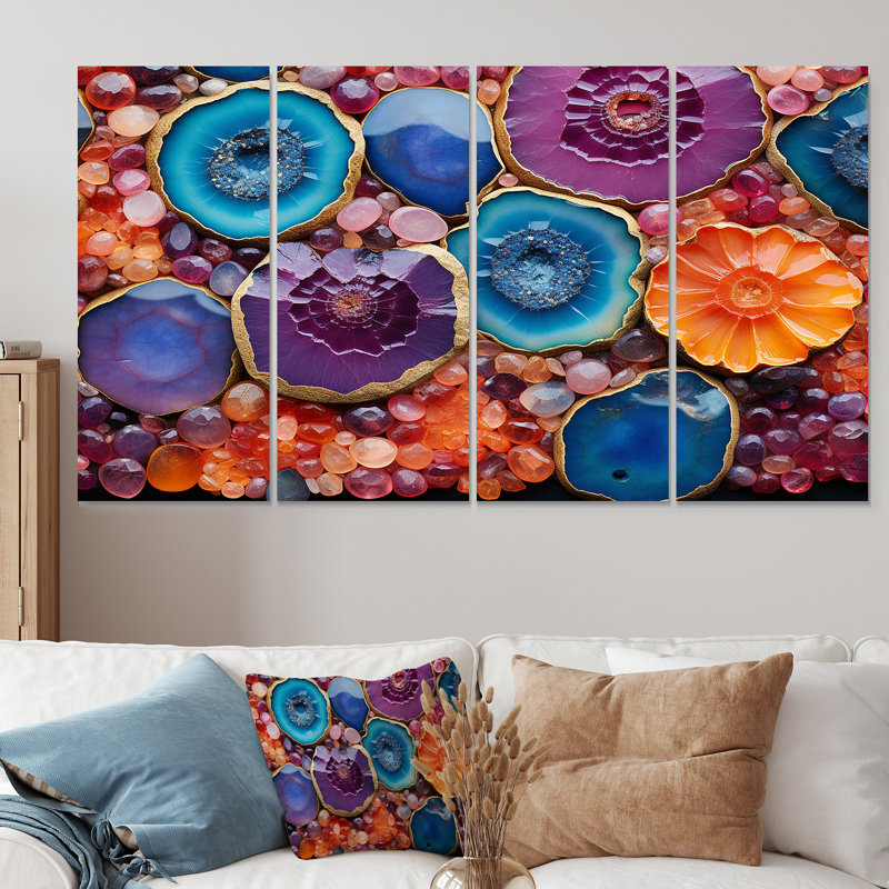 «Blue and Puprle Amethyst Aura Geode Essence - Stone Geode», art mural 4 pièces, H 32 po x l 64 po