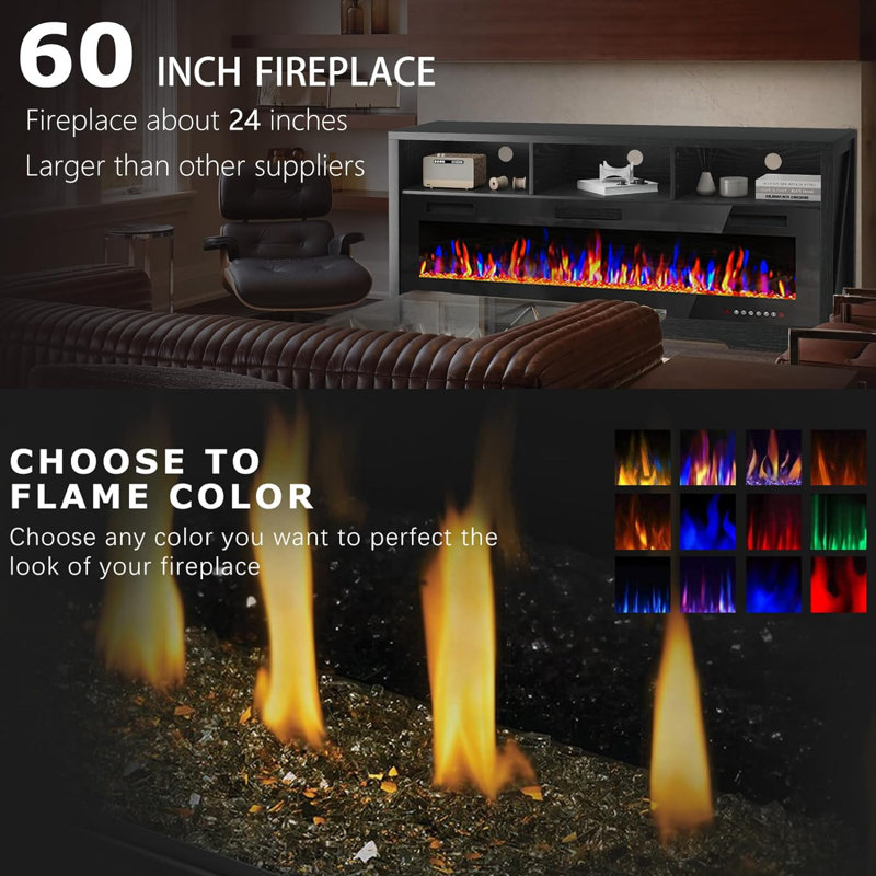 Alazik Storage Credenza with Electric Fireplace Included, Black