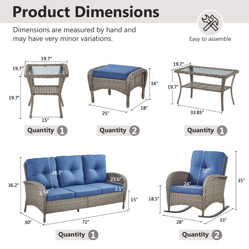 7-Pieces Outdoor Courtyard Wicker Sofa Conversation Set With Rocking Chairs, Blue, Gray