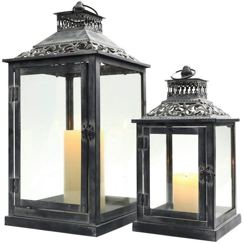 Rosalind Wheeler 2 Set of Grey Brush Metal Candle Lanterns