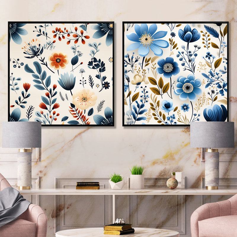 Lalie - Ensemble de 2 reproductions d'art sur toile florales, Cadre noir, H 30 po x l 61 po x P 1 po