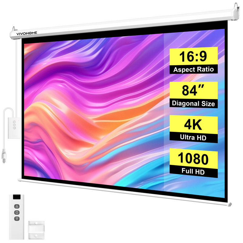 16:9 84 Inch Electric Projector Screen with Remote, White