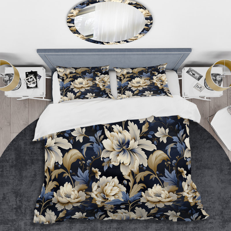 Ensemble de housse de couette en microfibre beige et bleu Dahlia Retreat I, Housse de couette pour grand lit et 2 taies décor