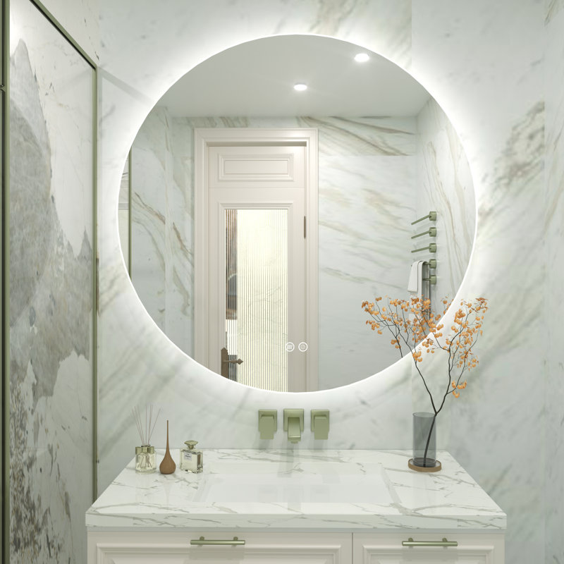 Aevar Simple & Modern Back LED Lighted Anti-fog Round Bathroom/Vanity Mirror, 28" x 28"