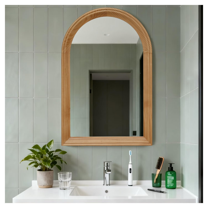Miroir mural arqué avec cadre en bois avec finition chêne naturel - H 35,43 po x l 23,62 po
