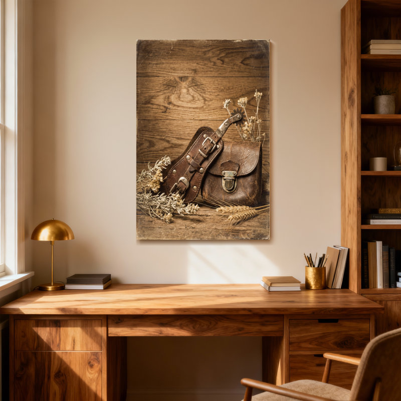 Pochette en cuir tendance et couteau sur fond en bois, H 24 po x l 16 po