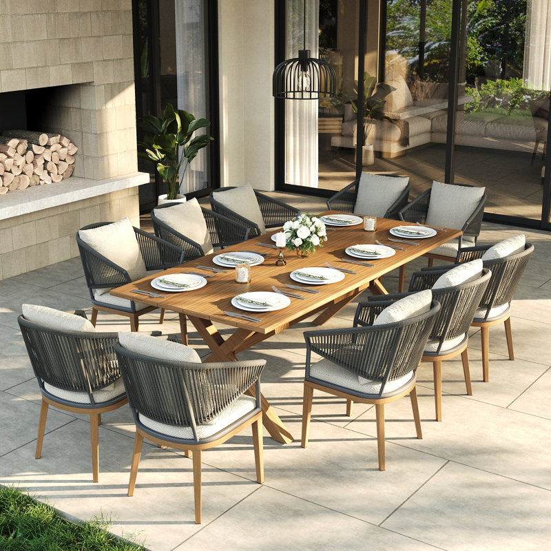 Ensemble repas d'extérieur pour 10 personnes avec coussins 10 personnes, Beige / bois brun / gris / brun, 10