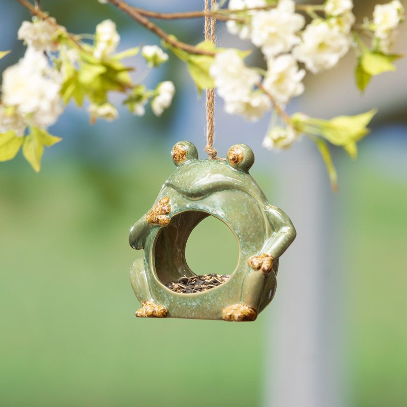 Ceramic Frog Fly-Through Hanging Bird Feeder