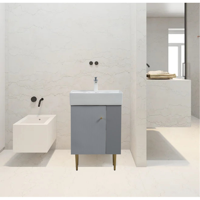 Meuble-lavabo en bois gris l 21,6 po avec lavabo en céramique - avec tablette ouverte à droite et armoire fermée