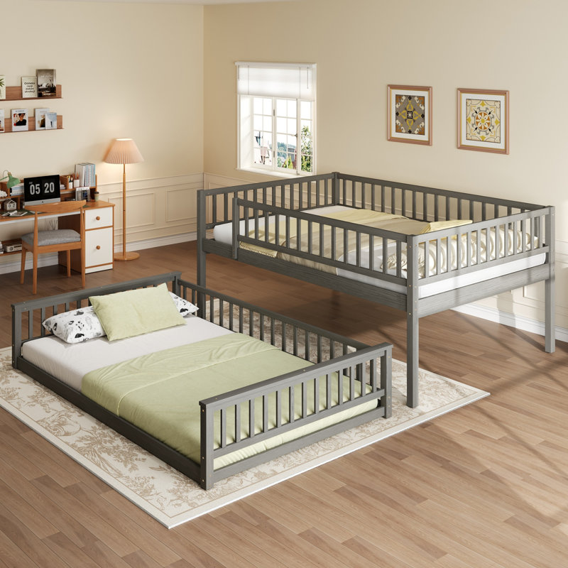 Queen over Queen Bunk Bed with Ladder & Guardrails, Solid Pine Wood Platform, Detachable Twin Beds, Space-Saving, Gray, Gray