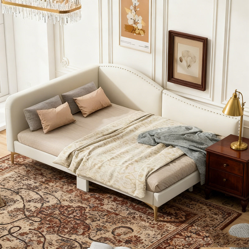 Lit de jour rembourré avec tête de lit et accoudoirs, Beige, Twin