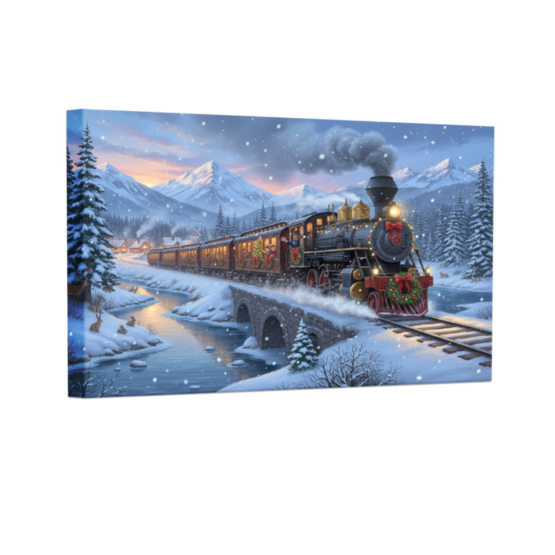 Tableau sur toile représentant un train de Noël et un paysage de montagne enneigée, H 16 po x l 24 po