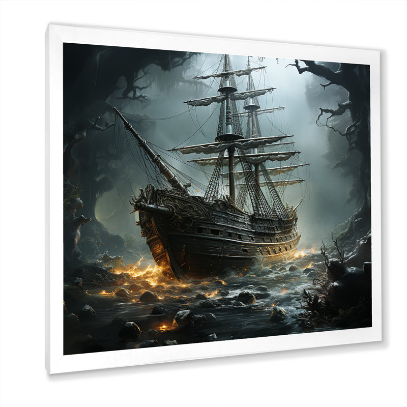 Naufrage pirate 2 - art mural pirate, Cadre simple blanc, H 16 po x l 16 po x P 1 po