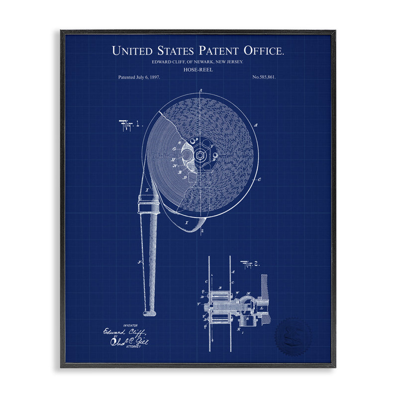 «Hose Reel Blueprint», art de la giclée encadrée par Karl Hronek, Giclée encadrée noir minuit, H 20 po x l 16 po