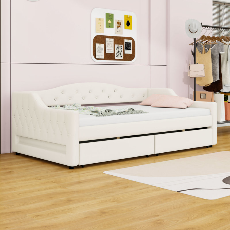 2 Drawers Upholstered Twin XL Daybed with LED Lighting, Beige