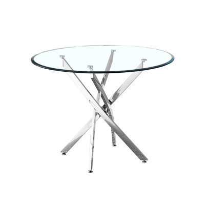 Table de salle à manger ronde en verre trempé transparent avec pieds et supports en métal au fini argenté, hauteur de 30,1 pouces, convient aux fêtes