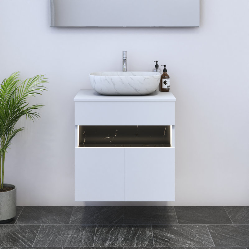 Meuble-lavabo simple 23,6 po avec plateau en bois manufacturé Lieke, Blanc, Blanc