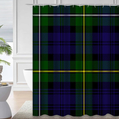Scottish Plaid Green Black Blue Teal Shower Curtain with 12 Hooks