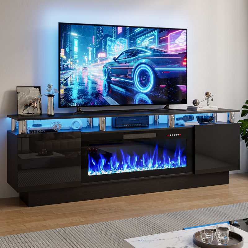 Meuble télé avec foyer électrique Alazik, Noir / argenté, Noir, 24”H x 14”L x 70”W
