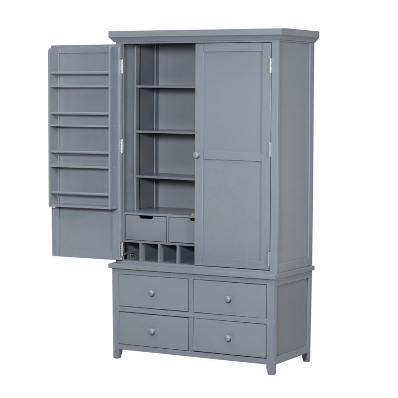 Freestanding Large Kitchen Pantry Wooden Kitchen Storage Cabinet with 8 Door Shelves, Gray