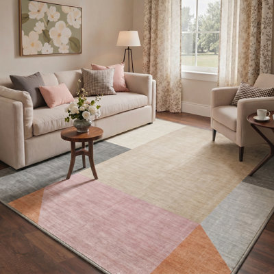 Abdellah Modern Geometric Machine Washable Pink/Beige/Grey Indoor Area Rug With Non-Slip Backing