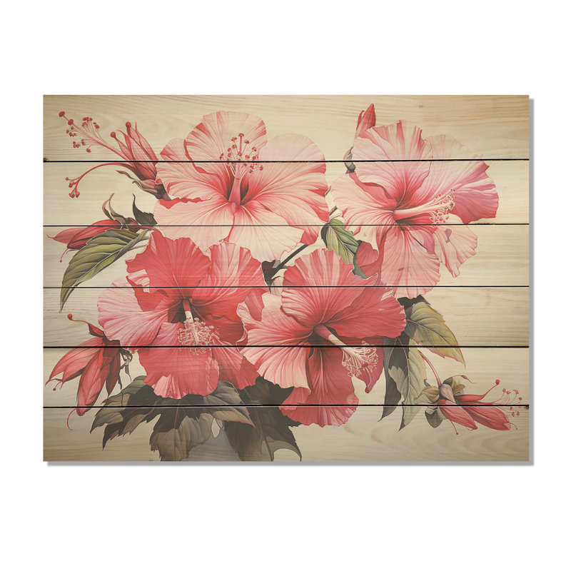 Hibiscus rose, minimalisme, rêve I - art mural en bois d'hibiscus sur bois de pin naturel, H 10 po x l 20 po