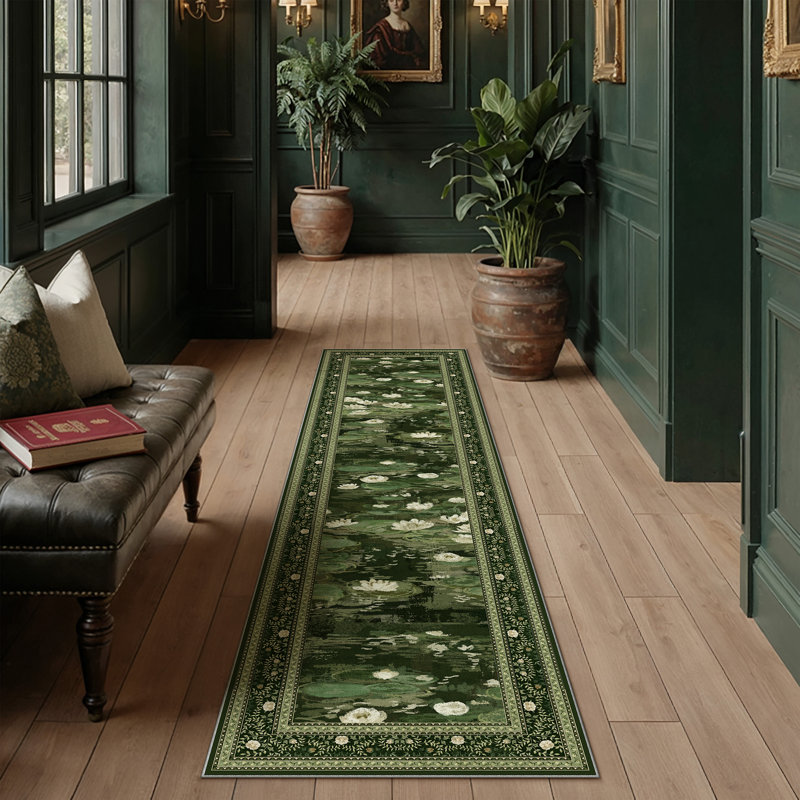 Aura Waterlily Art Machine Washable Area Rug, Runner 2' x 8', Green