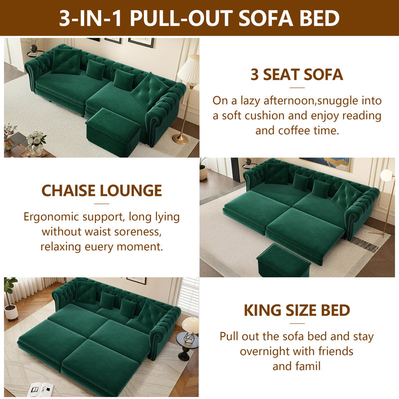 89" King Size Pull Out Sofa Bed 3-in-1 Convertible Velvet Chesterfield Sleeper Couch, Green