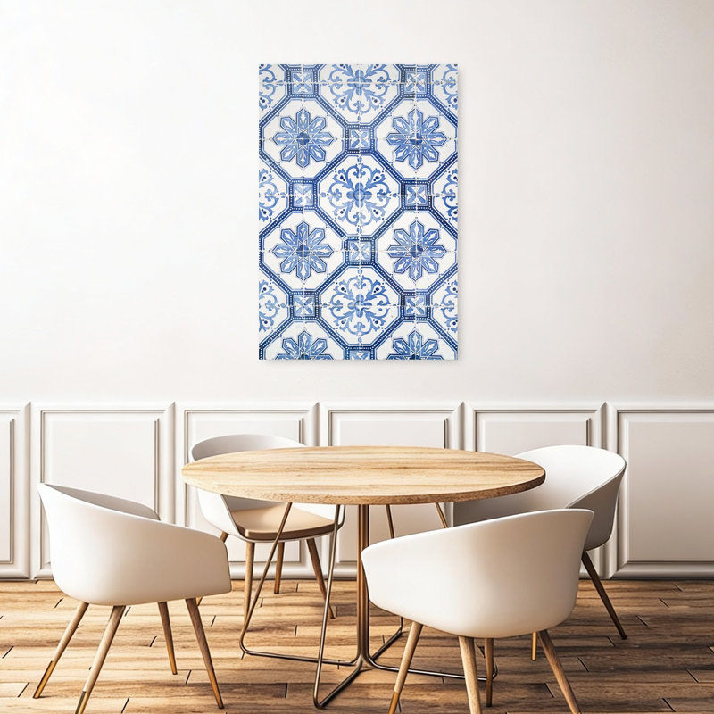 Motif azulejo bleu à motif géométrique classique, H 48 po x l 32 po
