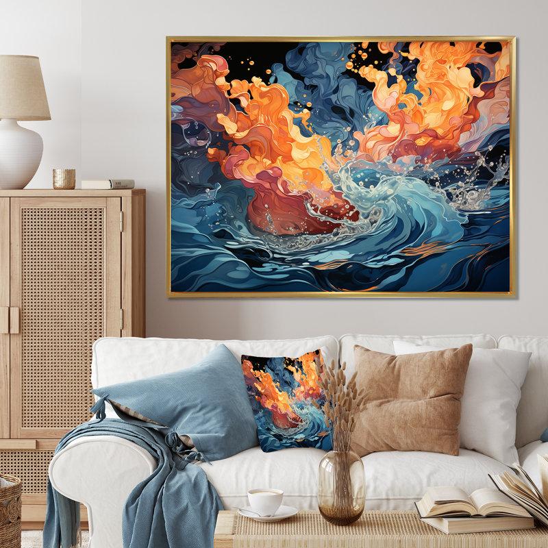 Orange et bleu abstrait «Rolling Tides» - art mural vagues, Cadre flottant doré, H 16 po x l 32 po x P 1 po