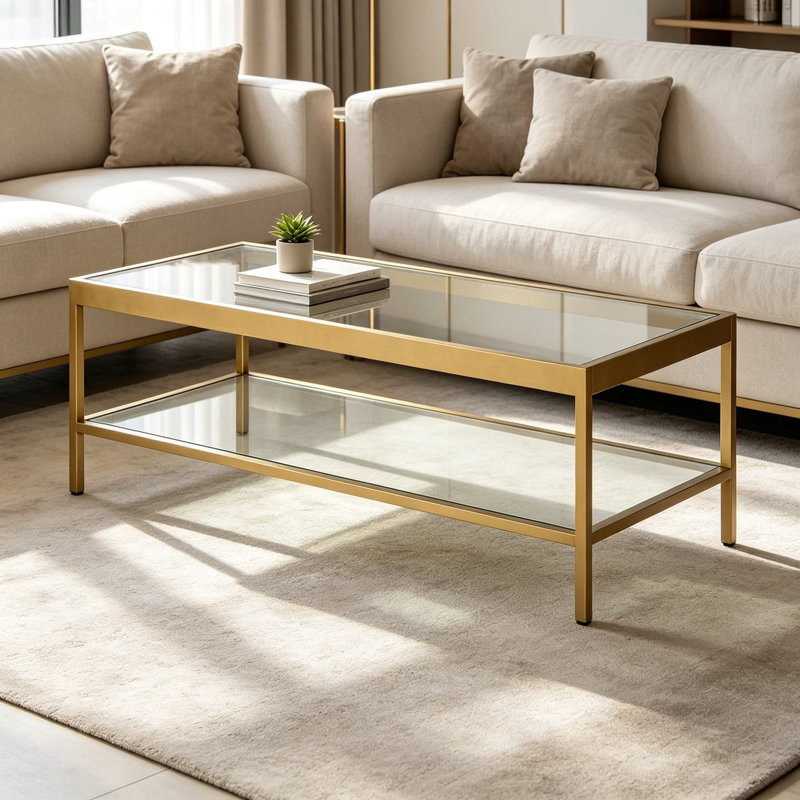 Table basse moderne moderne avec cadre en laiton et plateau en verre trempé, largeur de 45 pouces pour le salon et le studio