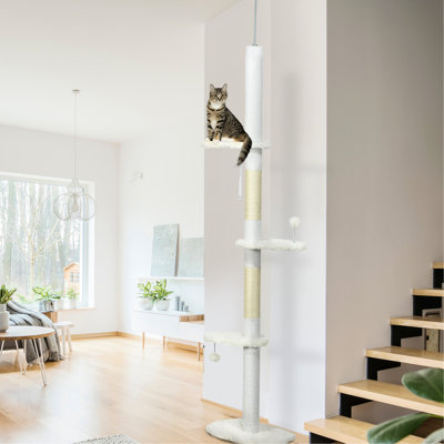 Adjustable Height Floor To Ceiling Cat Tree, 88.5" - 100.5", Cloud Shape Platforms, Balls, Toppling Device, And Comfortable Surface, White For Indoor Cats Climbing Tower, 100.5" Tall, Fleece, Felines
