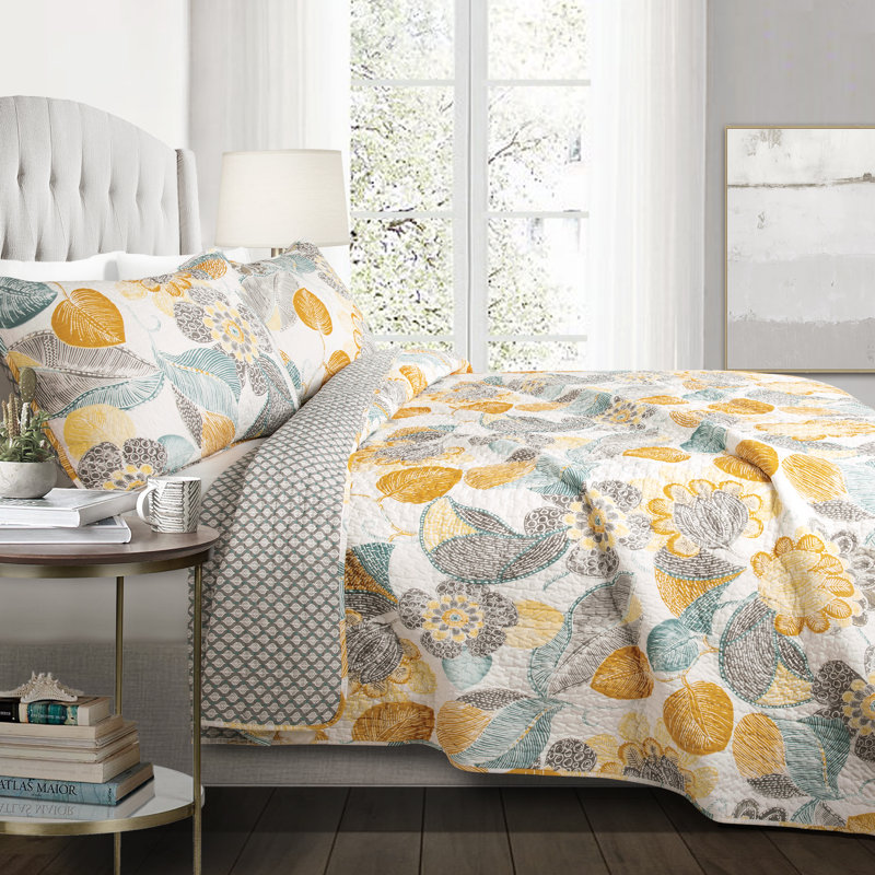 Lush Decor Layla Floral Reversible Cotton Quilt Set, Yellow/Gray, Full/Queen Quilt + 2 Standard Shams
