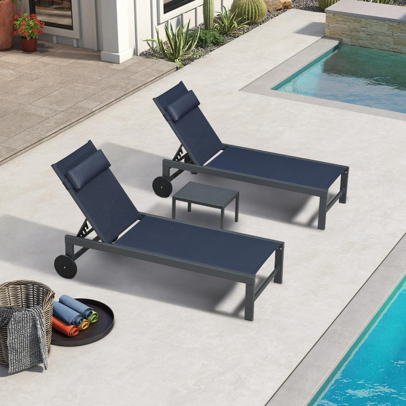 Patio Rust-resistant Lounge Chair Set Of 3 With Side Table And Wheels And Pillows, Navy Blue