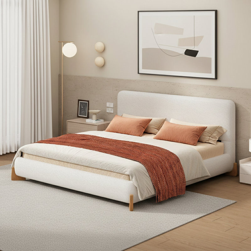 Élégant lit rembourré Boucle, une pièce maîtresse de chambre luxueuse et confortable, Grand lit, Blanc/naturel