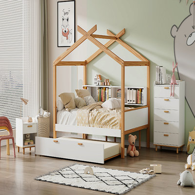 Lit double en bois blanc avec cadre en bois de couleur originale, lit gigogne simple et bibliothèque pour enfants ou chambre d'amis
