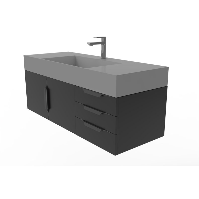 Meuble-lavabo mural simple 48 po avec comptoir à surface solide 48 po, gris, Noir, Noir