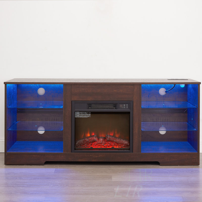 TV Stand Electric Fireplace TV Stand With Glass Shelves, 3D Fireplace TV Stand With LED Lights Wood With USB Charging Outlet Modern Television Table Center For TV Up To 32-62" OAK 58'W*15.4''D*24.4