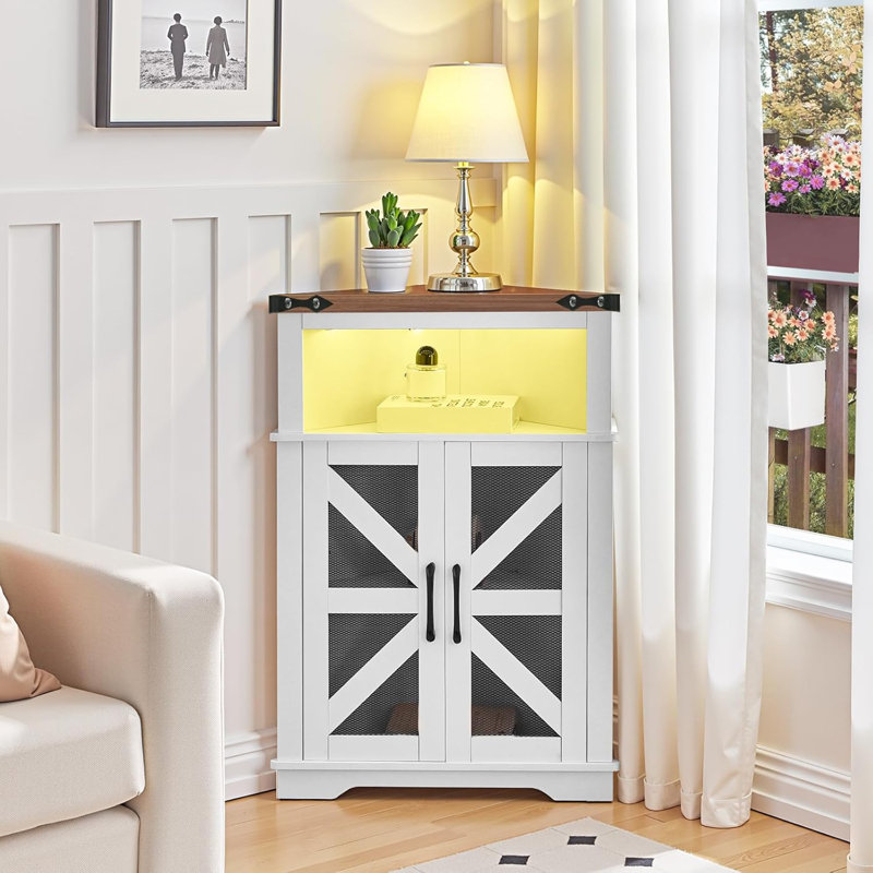 Armoire de rangement d'angle, petite armoire d'angle avec portes et tablettes réglables, armoire de rangement Farmhouse avec lumières DEL pour salle de bain, salon, cuisine, blanc et noyer