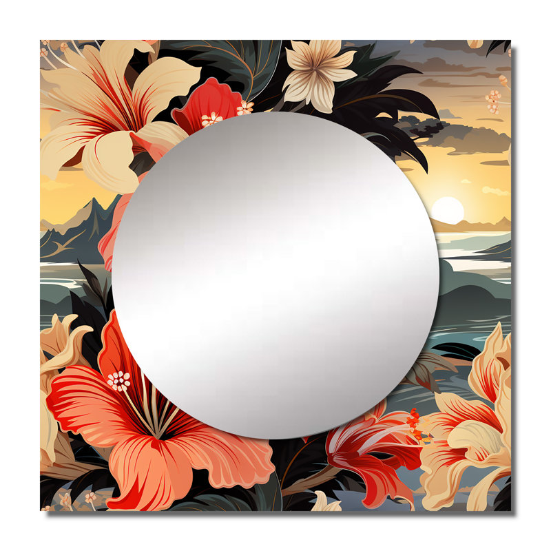Motif botanique tropical de coucher de soleil - art mural miroir carré floral, 29 po x 29 po