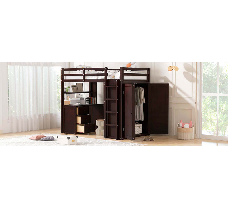 Lit mezzanine avec tiroirs, bureau et garde-robe, Lit simple, Espresso
