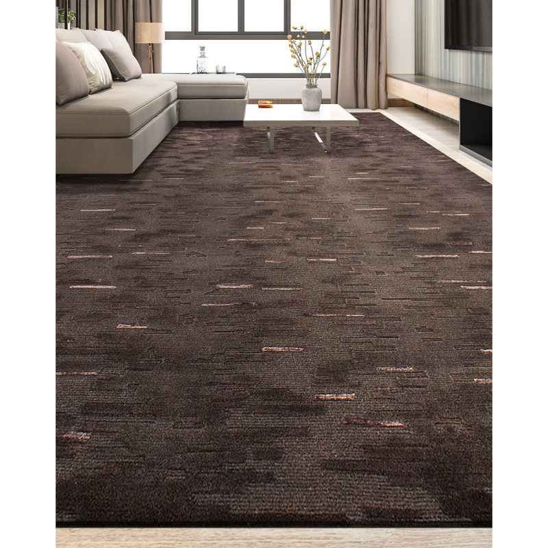 Tapis rectangulaire abstrait en laine / viscose de couleur chocolat, Rectangle 9 pi x 12 pi