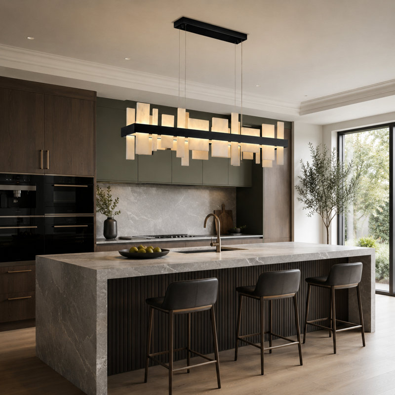 Cataleya Dimmable LED Kitchen Island Square / Alabaster Rectangle Chandelier, Matte Black